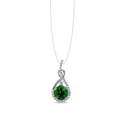 3.4 CTW Round Teardrop Halo Colorstone Pendant Necklace — Emerald Deep Green — 14K White Gold