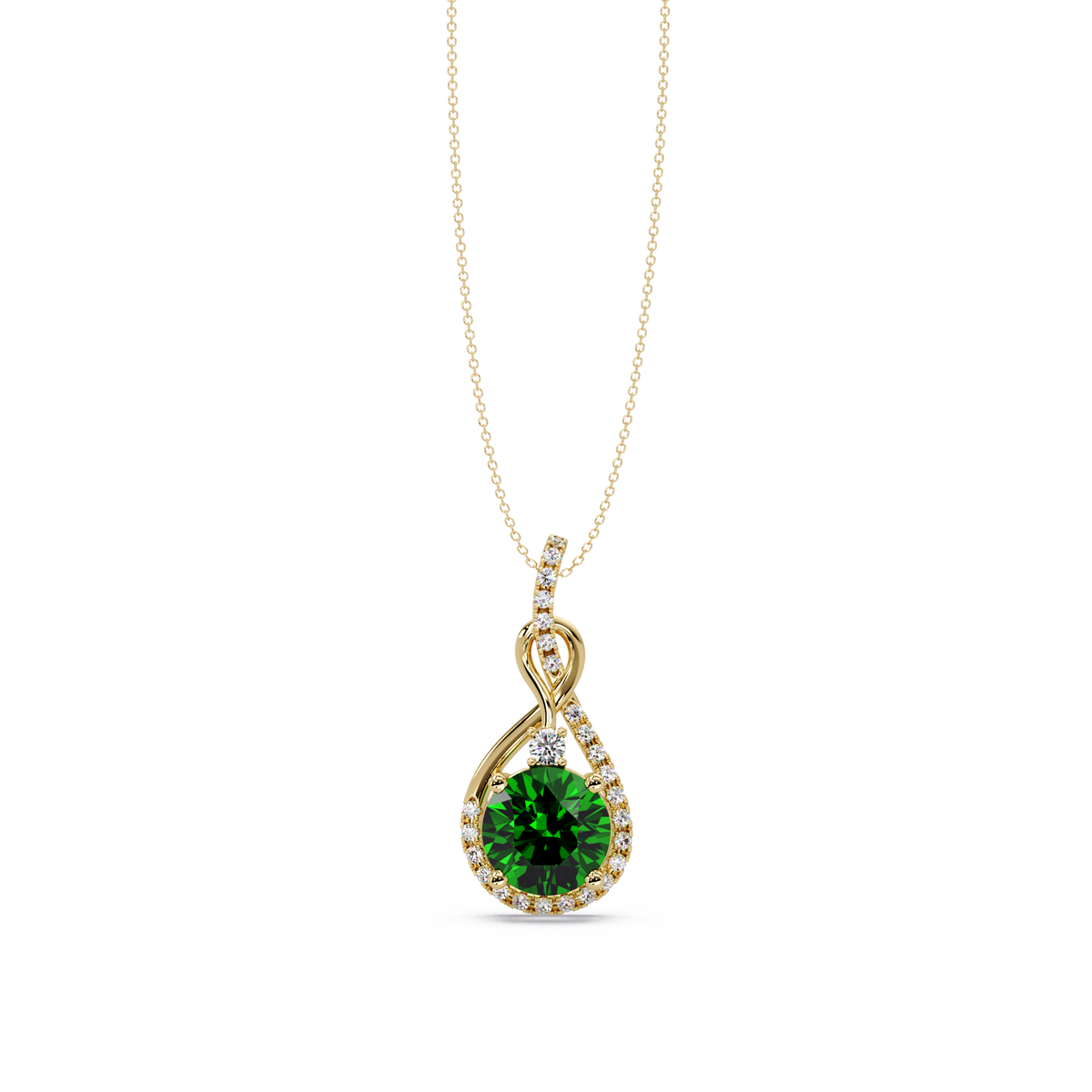 3.4 CTW Round Teardrop Halo Colorstone Pendant Necklace — Emerald Deep Green — 14K Yellow Gold
