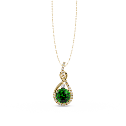 3.4 CTW Round Teardrop Halo Colorstone Pendant Necklace — Emerald Deep Green — 14K Yellow Gold