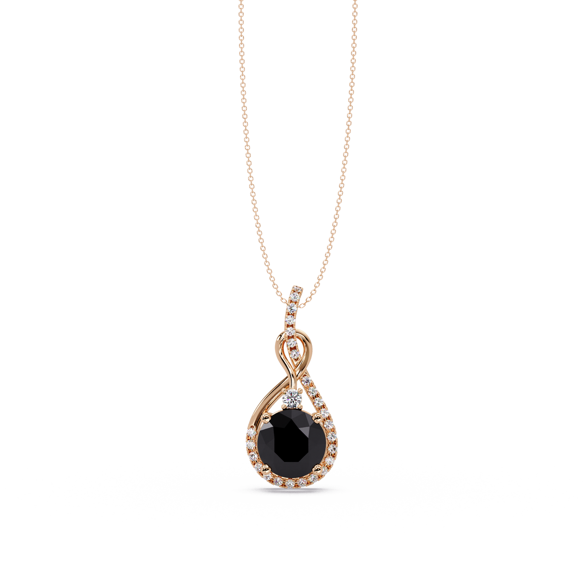 3.4 CTW Round Teardrop Halo Colorstone Pendant Necklace — Onyx Black — 14K Rose Gold