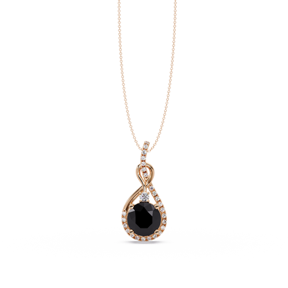 3.4 CTW Round Teardrop Halo Colorstone Pendant Necklace — Onyx Black — 14K Rose Gold