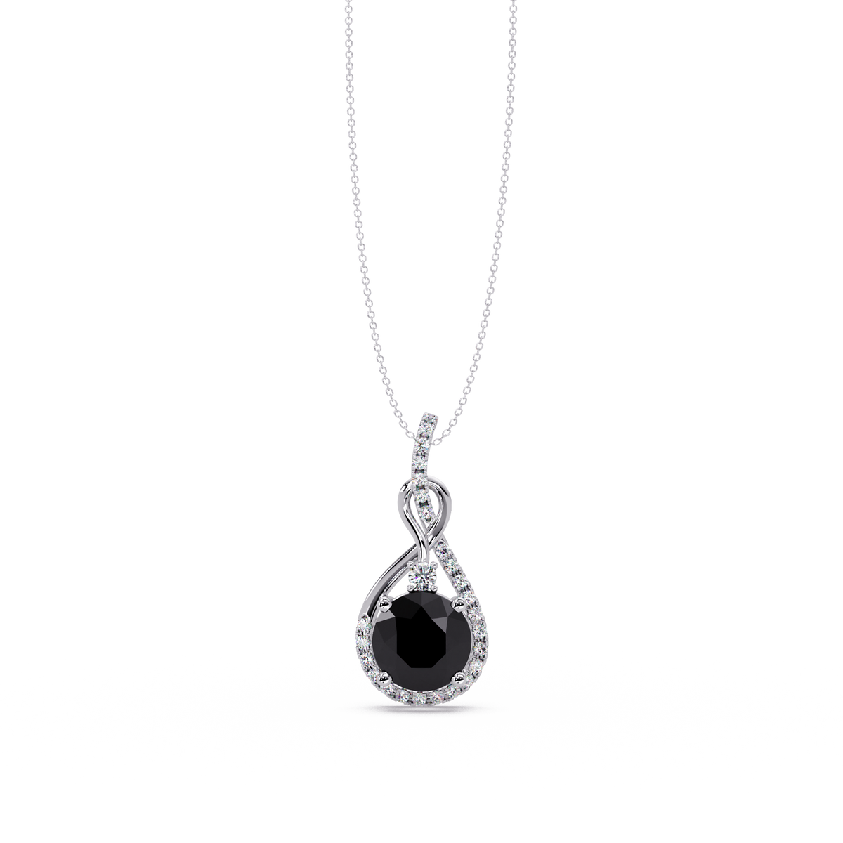 3.4 CTW Round Teardrop Halo Colorstone Pendant Necklace — Onyx Black — 14K White Gold