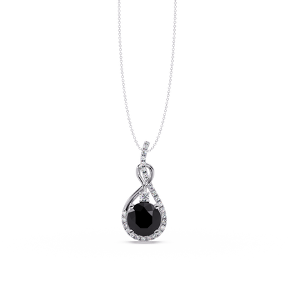 3.4 CTW Round Teardrop Halo Colorstone Pendant Necklace — Onyx Black — 14K White Gold