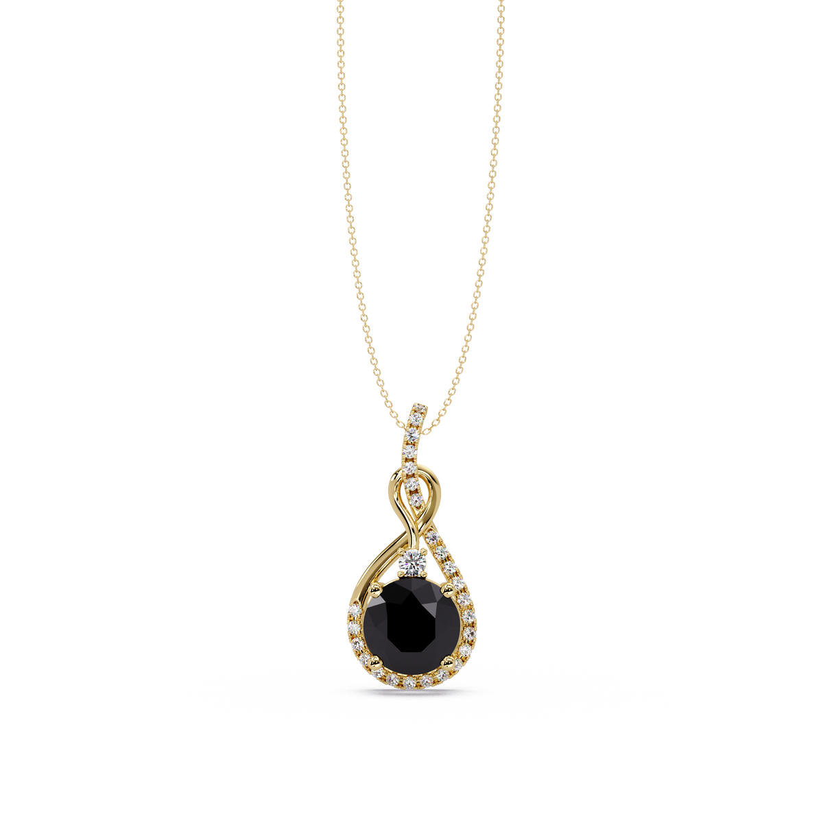 3.4 CTW Round Teardrop Halo Colorstone Pendant Necklace — Onyx Black — 14K Yellow Gold