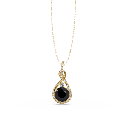 3.4 CTW Round Teardrop Halo Colorstone Pendant Necklace — Onyx Black — 14K Yellow Gold