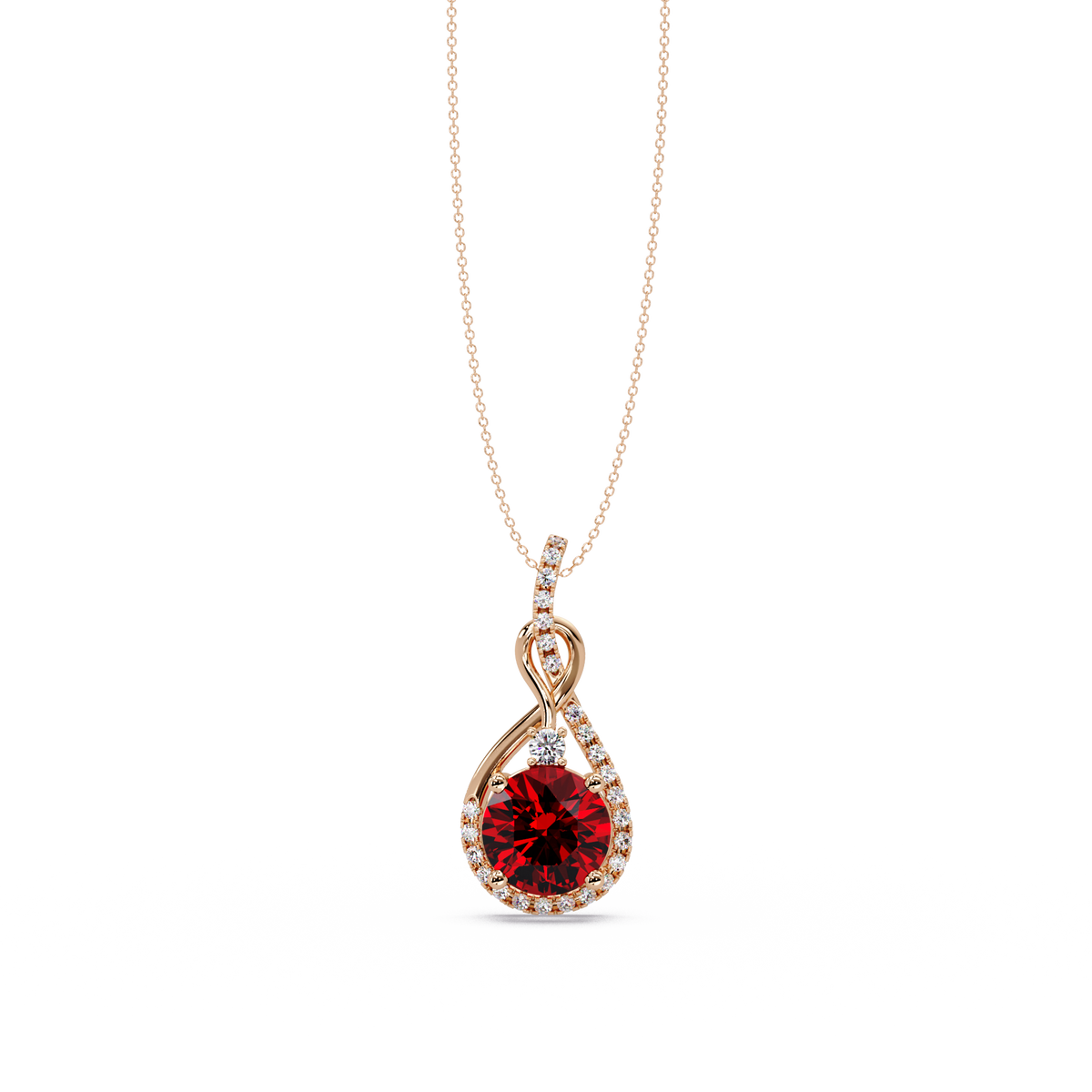 3.4 CTW Round Teardrop Halo Colorstone Pendant Necklace — Ruby Deep Red — 14K Rose Gold