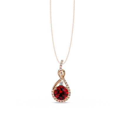 3.4 CTW Round Teardrop Halo Colorstone Pendant Necklace — Ruby Deep Red — 14K Rose Gold