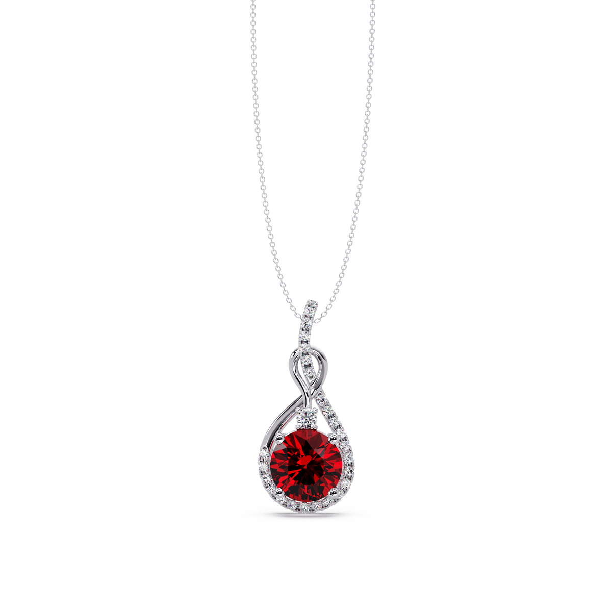 3.4 CTW Round Teardrop Halo Colorstone Pendant Necklace — Ruby Deep Red — 14K White Gold