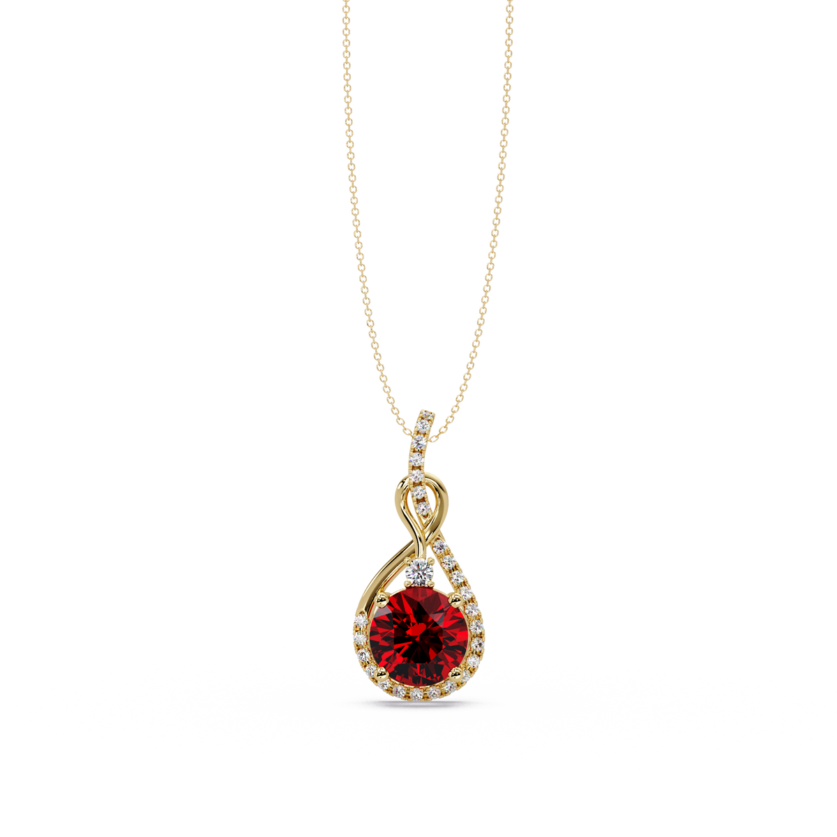 3.4 CTW Round Teardrop Halo Colorstone Pendant Necklace — Ruby Deep Red — 14K Yellow Gold