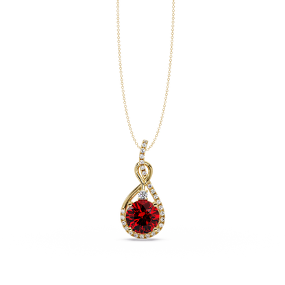 3.4 CTW Round Teardrop Halo Colorstone Pendant Necklace — Ruby Deep Red — 14K Yellow Gold