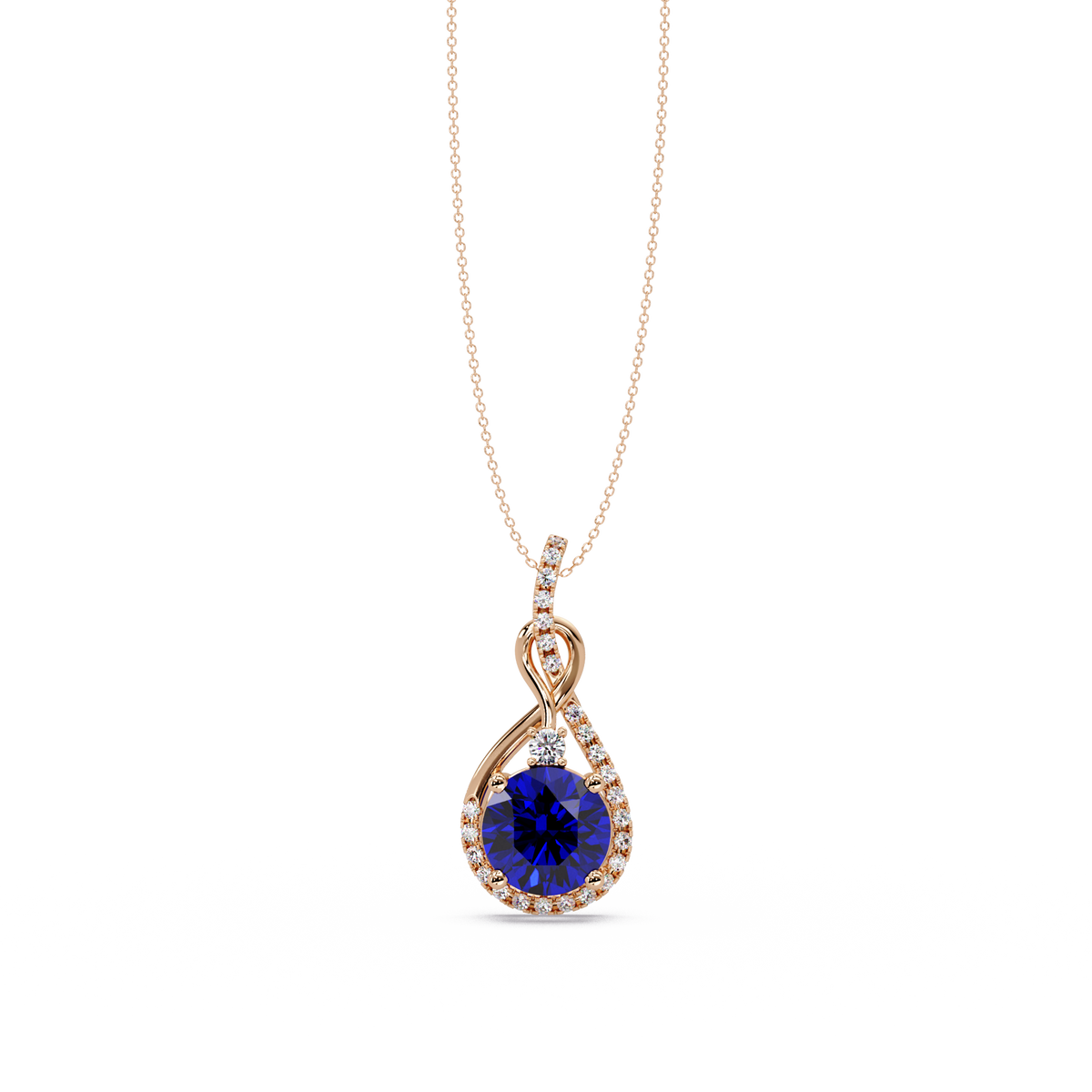 3.4 CTW Round Teardrop Halo Colorstone Pendant Necklace — Sapphire Royal Blue — 14K Rose Gold