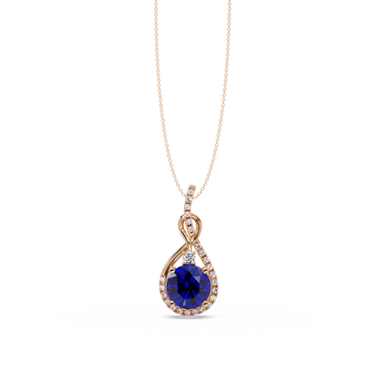 3.4 CTW Round Teardrop Halo Colorstone Pendant Necklace — Sapphire Royal Blue — 14K Rose Gold