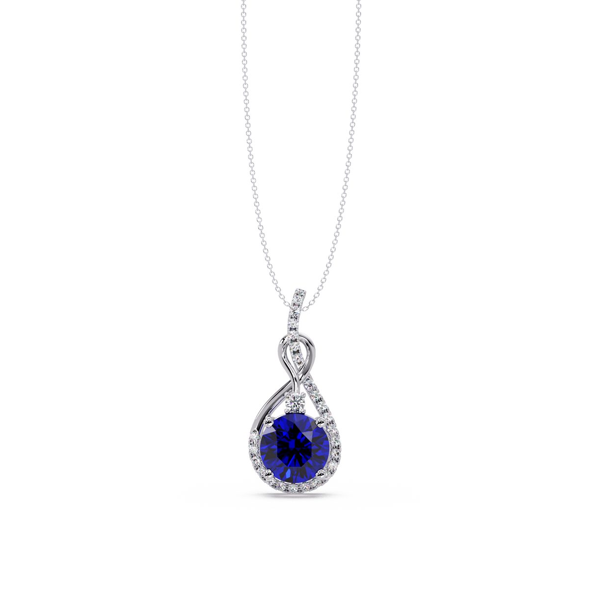 3.4 CTW Round Teardrop Halo Colorstone Pendant Necklace — Sapphire Royal Blue — 14K White Gold