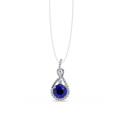 3.4 CTW Round Teardrop Halo Colorstone Pendant Necklace — Sapphire Royal Blue — 14K White Gold