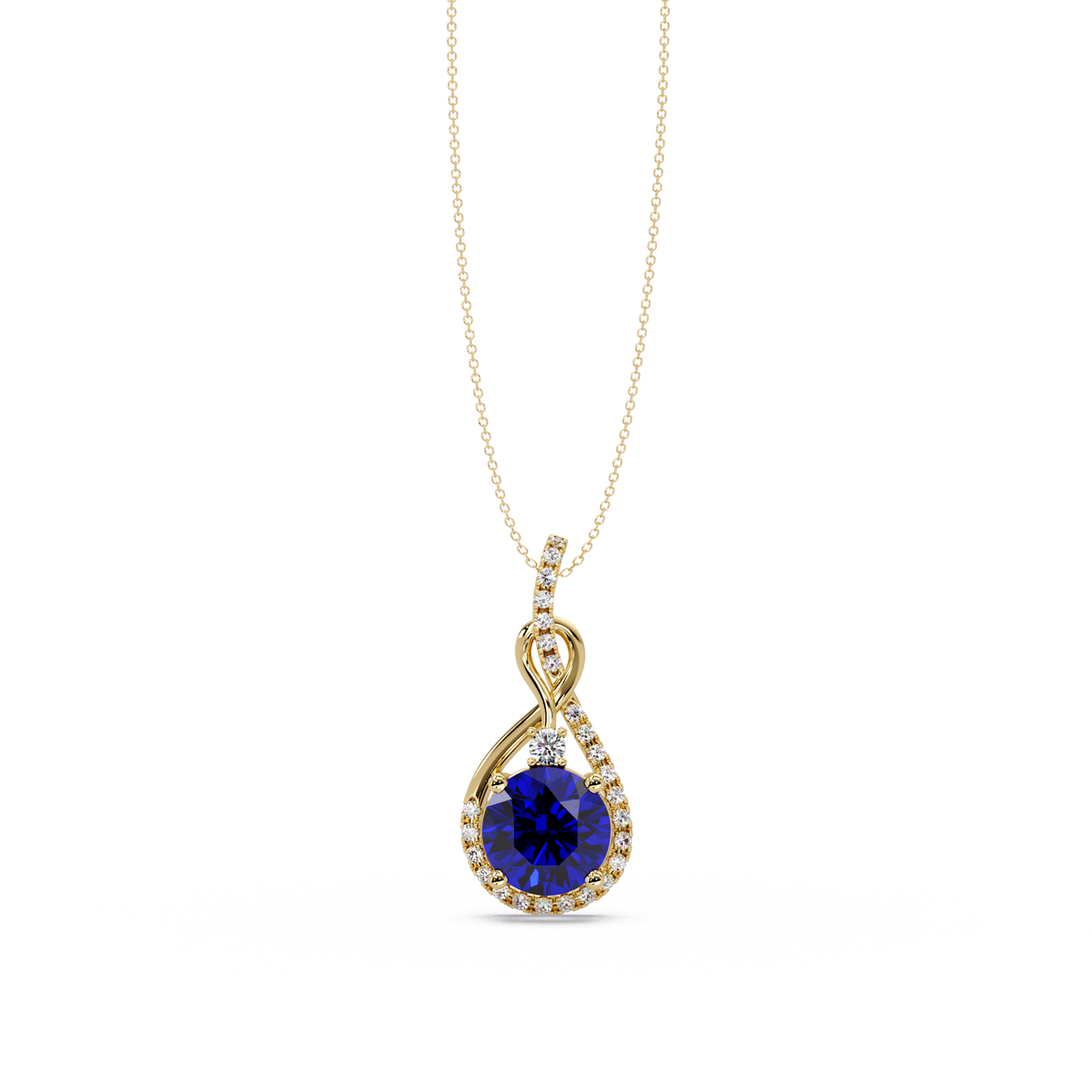 3.4 CTW Round Teardrop Halo Colorstone Pendant Necklace — Sapphire Royal Blue — 14K Yellow Gold