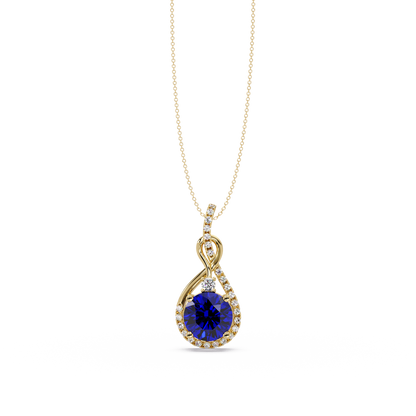 3.4 CTW Round Teardrop Halo Colorstone Pendant Necklace — Sapphire Royal Blue — 14K Yellow Gold