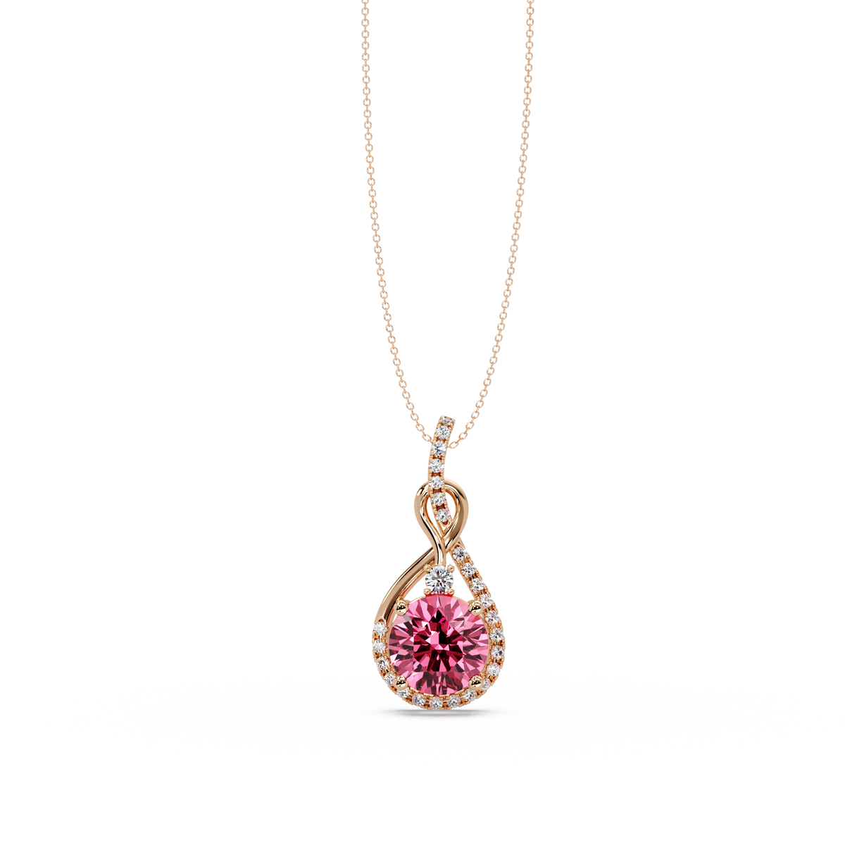 3.4 CTW Round Teardrop Halo Colorstone Pendant Necklace — Tourmaline Rose Pink — 14K Rose Gold