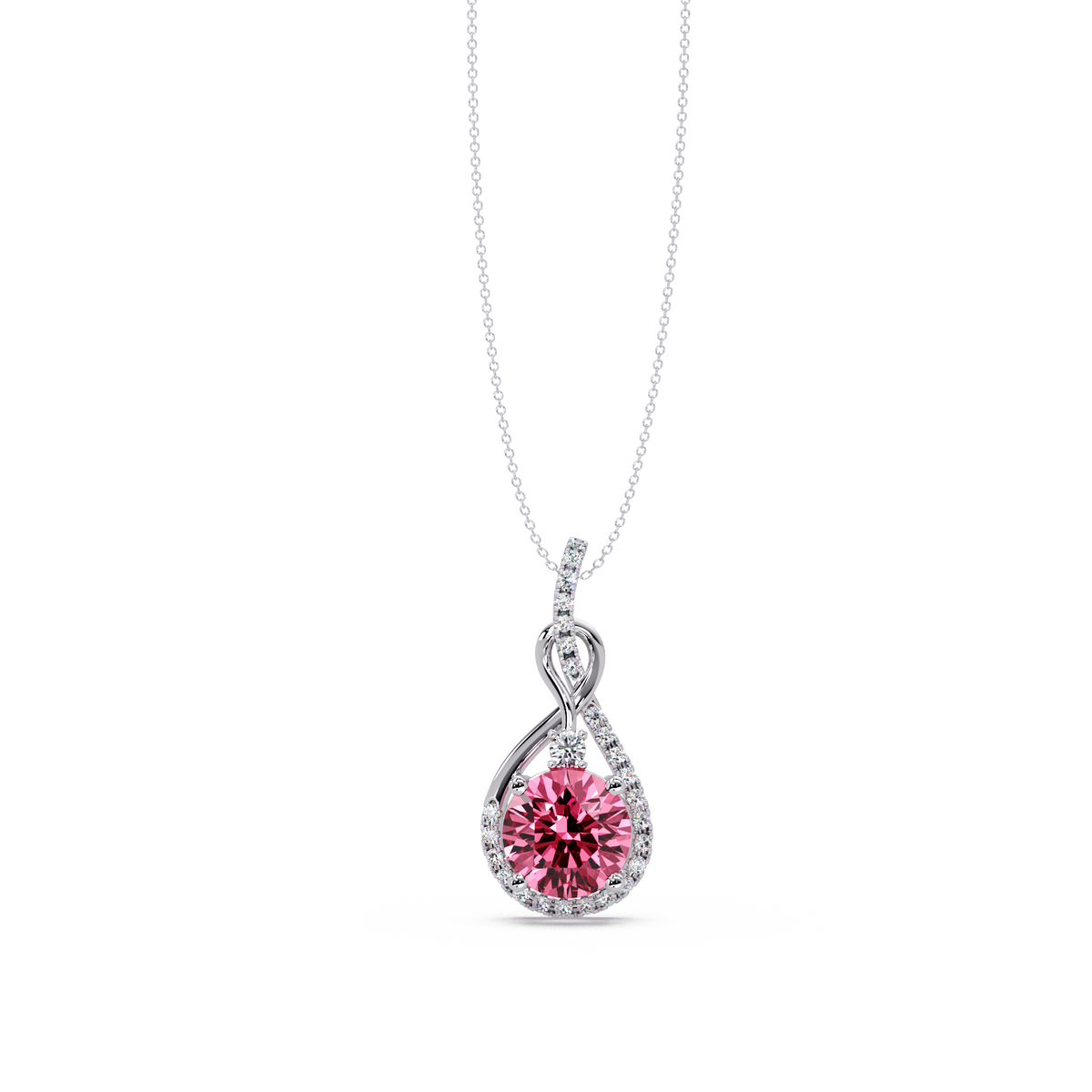 3.4 CTW Round Teardrop Halo Colorstone Pendant Necklace — Tourmaline Rose Pink — 14K White Gold