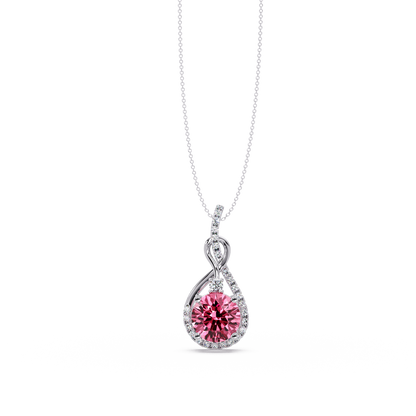 3.4 CTW Round Teardrop Halo Colorstone Pendant Necklace — Tourmaline Rose Pink — 14K White Gold