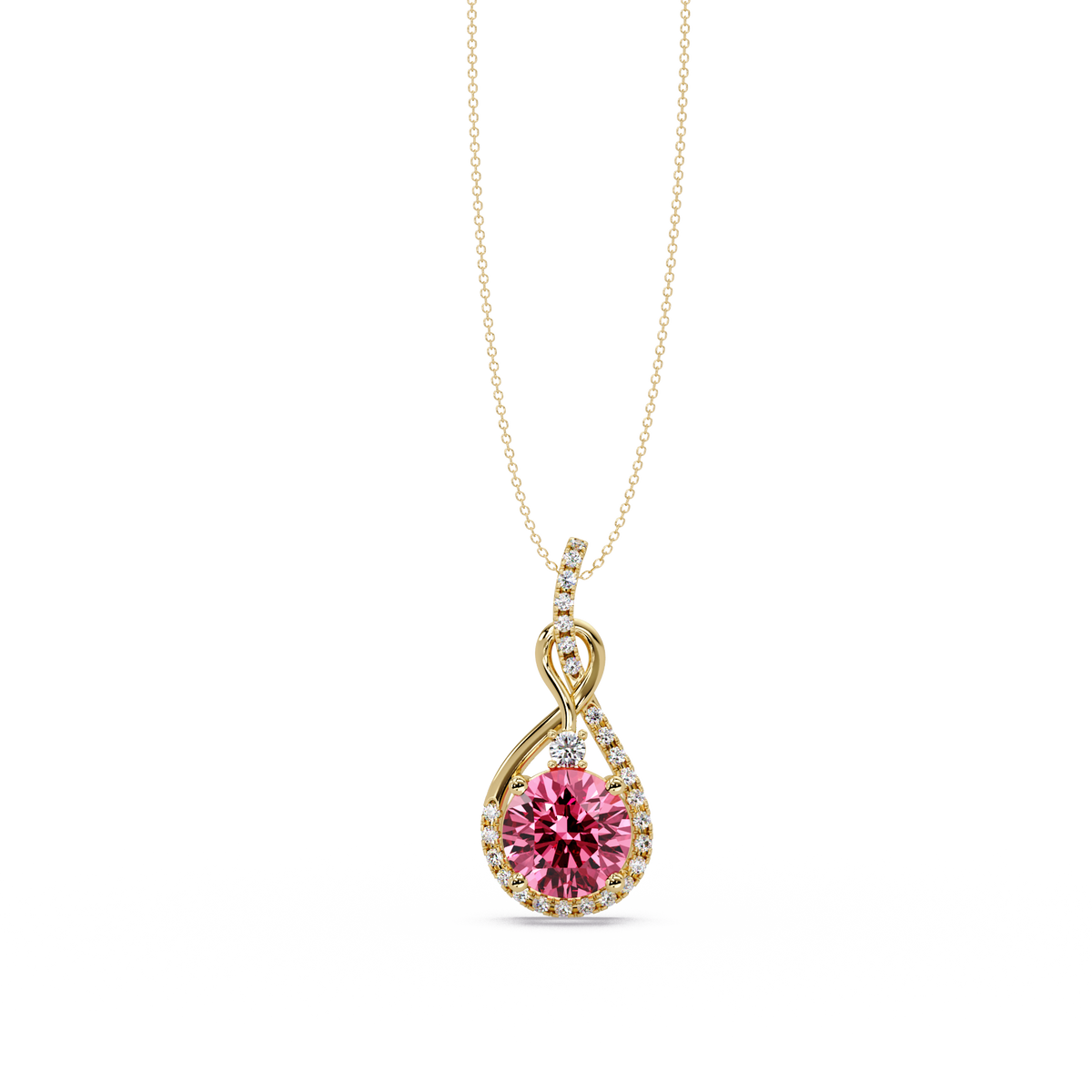 3.4 CTW Round Teardrop Halo Colorstone Pendant Necklace — Tourmaline Rose Pink — 14K Yellow Gold