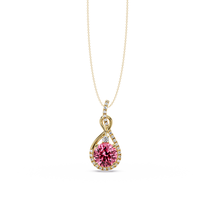 3.4 CTW Round Teardrop Halo Colorstone Pendant Necklace — Tourmaline Rose Pink — 14K Yellow Gold