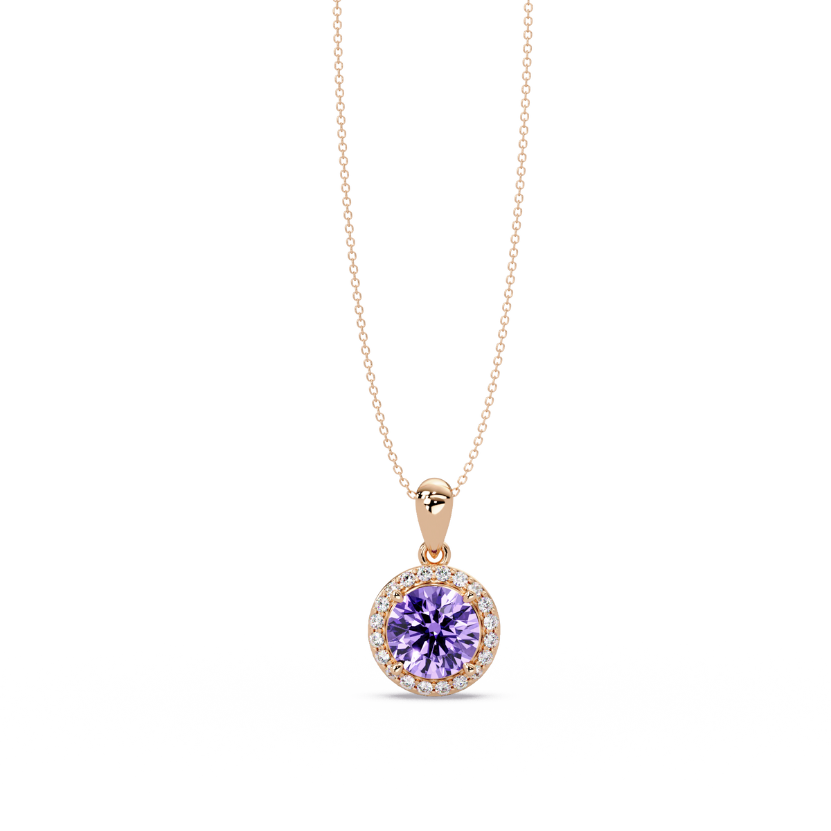 1.6 CTW Round Halo Colorstone Pendant Necklace — Amethyst Lavender — 14K Rose Gold