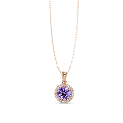 1.6 CTW Round Halo Colorstone Pendant Necklace — Amethyst Lavender — 14K Rose Gold