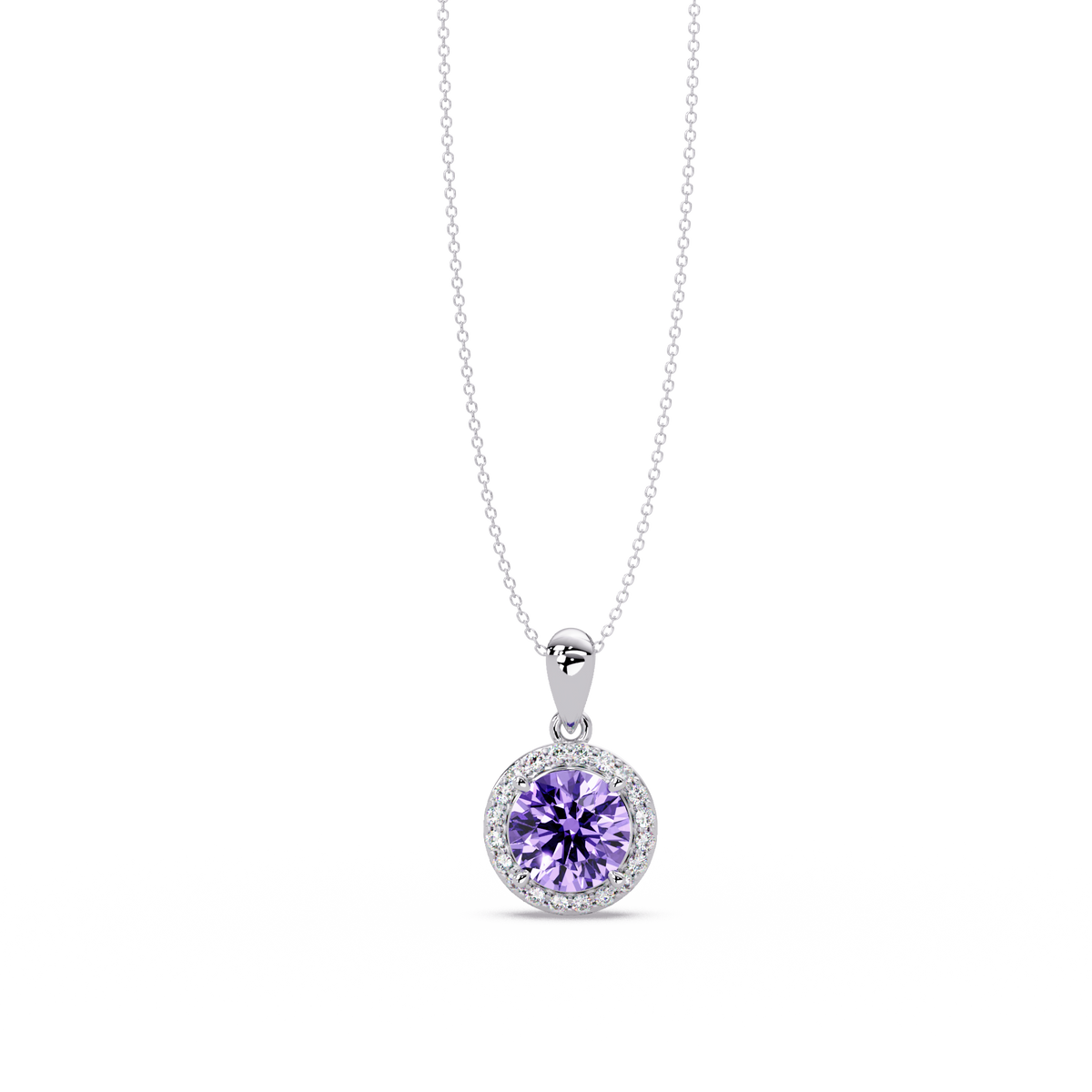 1.6 CTW Round Halo Colorstone Pendant Necklace — Amethyst Lavender — 14K White Gold
