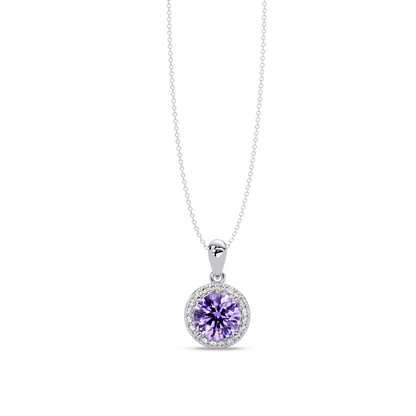 1.6 CTW Round Halo Colorstone Pendant Necklace — Amethyst Lavender — 14K White Gold