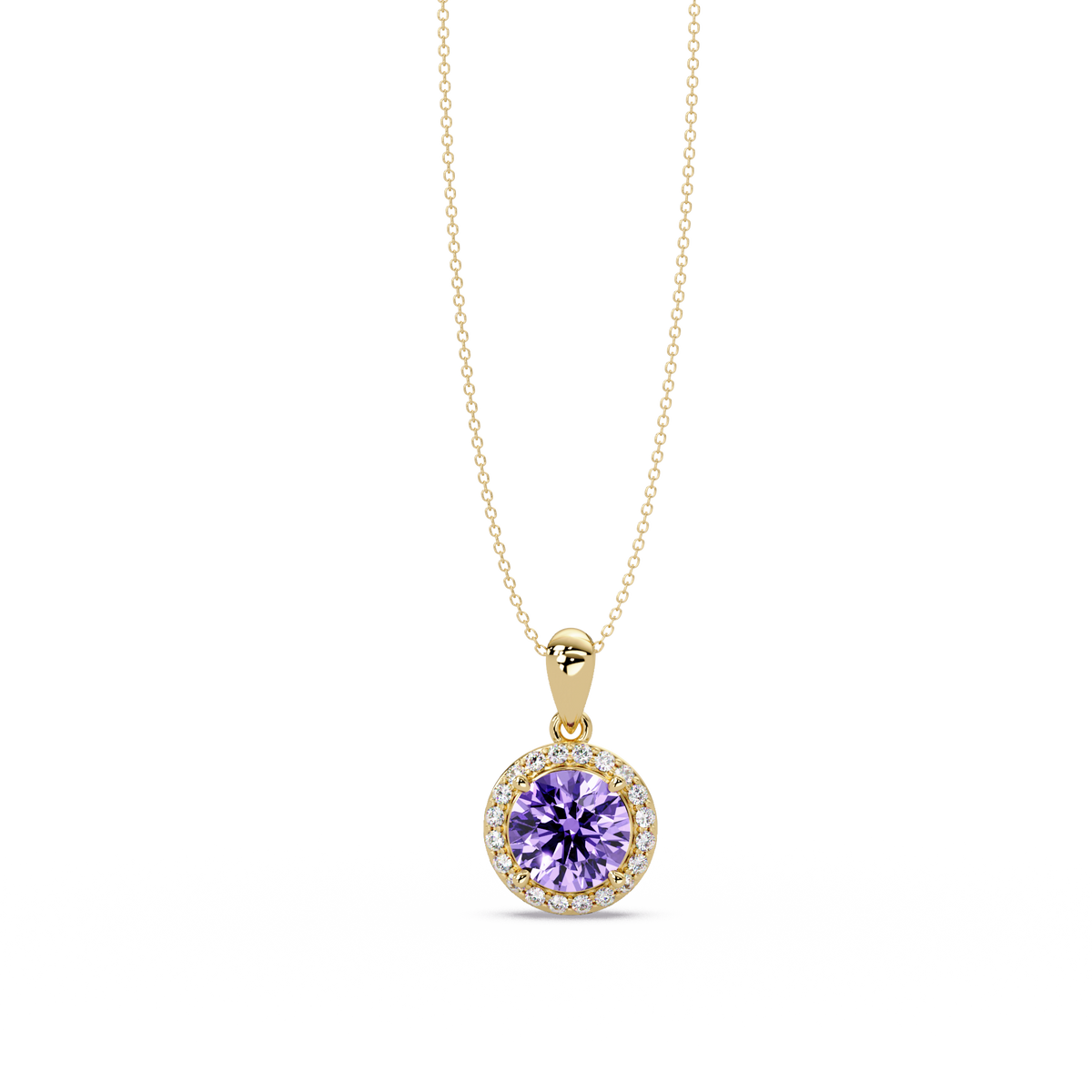 1.6 CTW Round Halo Colorstone Pendant Necklace — Amethyst Lavender — 14K Yellow Gold