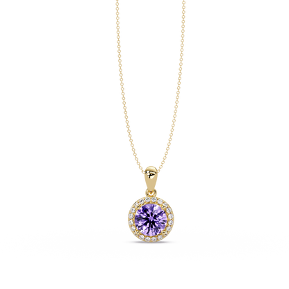 1.6 CTW Round Halo Colorstone Pendant Necklace — Amethyst Lavender — 14K Yellow Gold