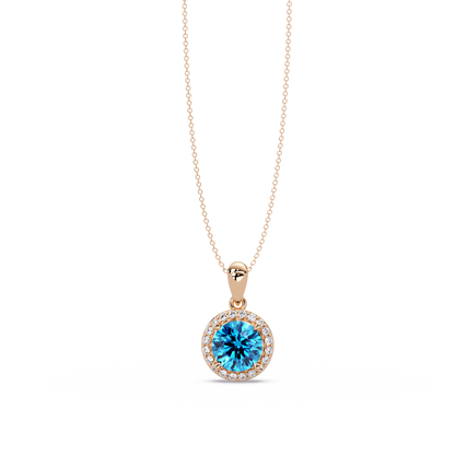 1.6 CTW Round Halo Colorstone Pendant Necklace — Aquamarine Sky Blue — 14K Rose Gold