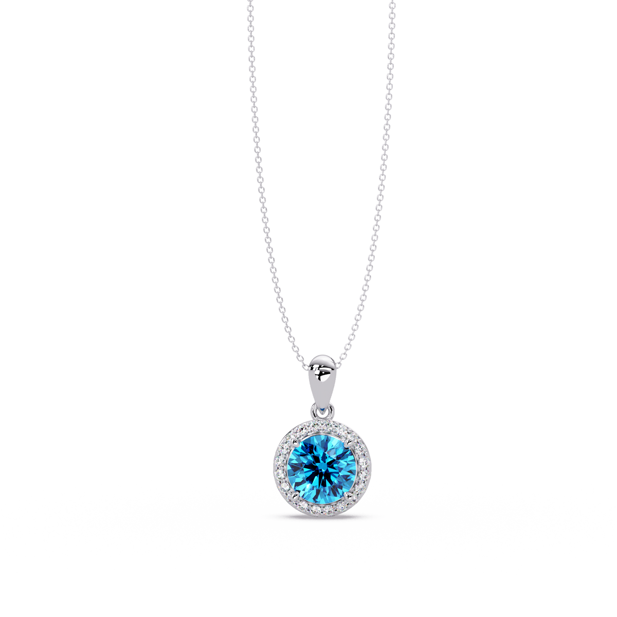 1.6 CTW Round Halo Colorstone Pendant Necklace — Aquamarine Sky Blue — 14K White Gold