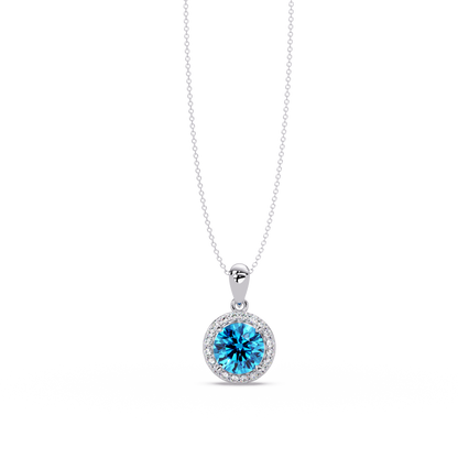 1.6 CTW Round Halo Colorstone Pendant Necklace — Aquamarine Sky Blue — 14K White Gold