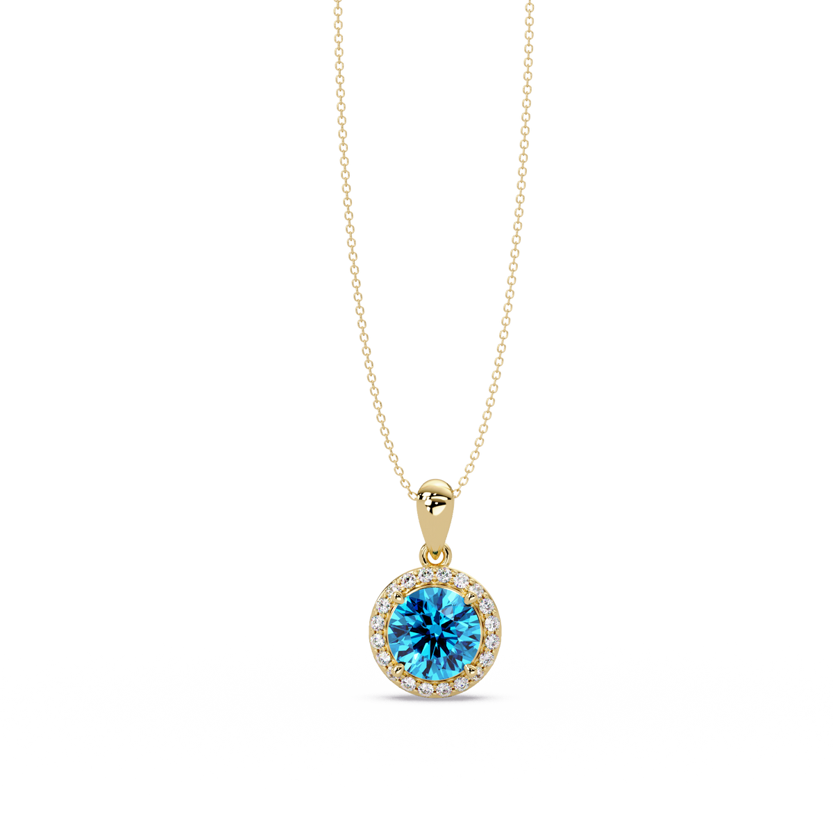1.6 CTW Round Halo Colorstone Pendant Necklace — Aquamarine Sky Blue — 14K Yellow Gold