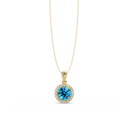 1.6 CTW Round Halo Colorstone Pendant Necklace — Aquamarine Sky Blue — 14K Yellow Gold