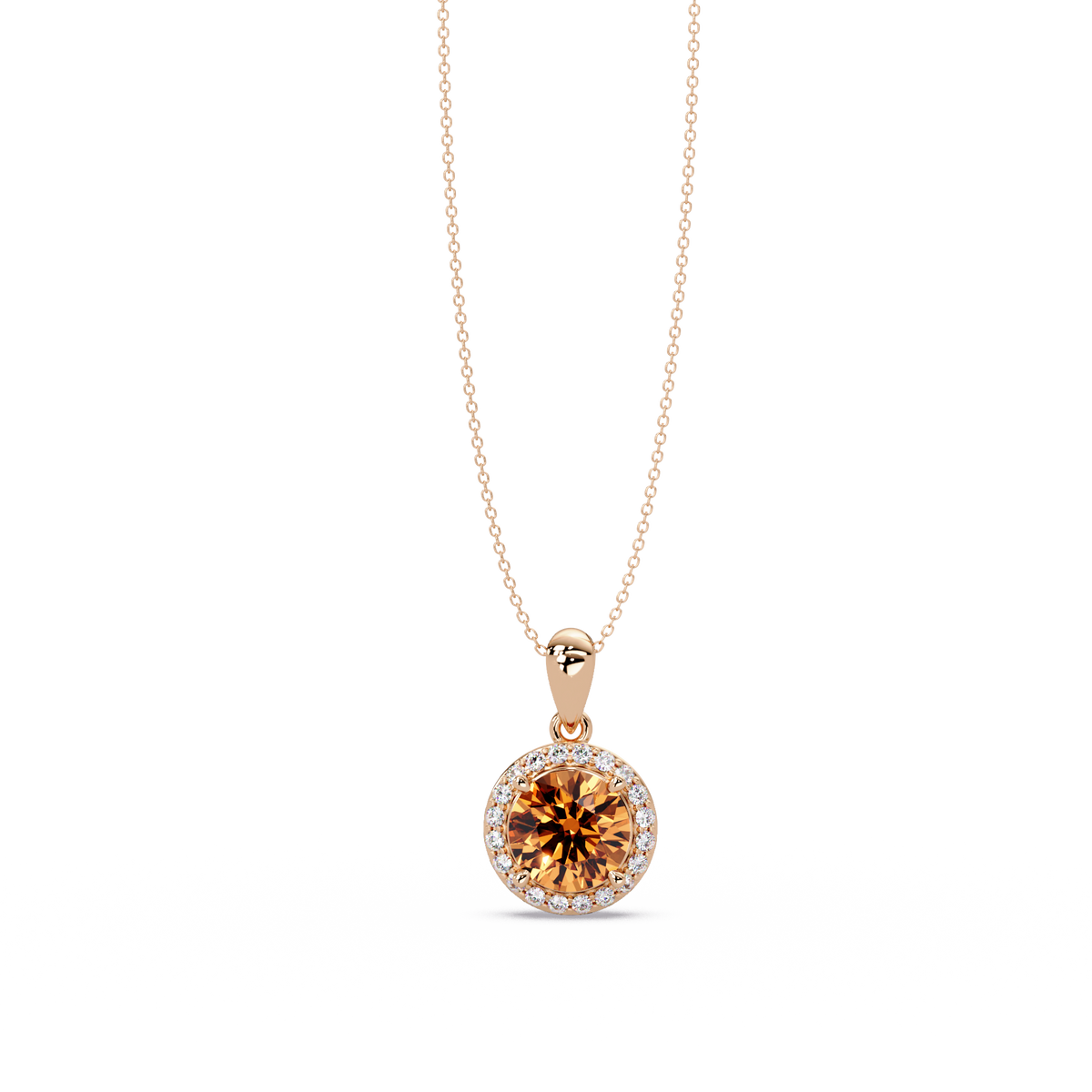 1.6 CTW Round Halo Colorstone Pendant Necklace — Champagne Topaz Amber — 14K Rose Gold