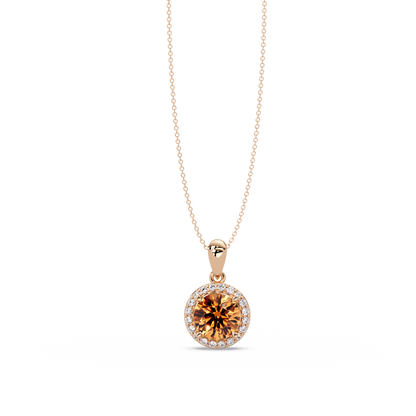 1.6 CTW Round Halo Colorstone Pendant Necklace — Champagne Topaz Amber — 14K Rose Gold