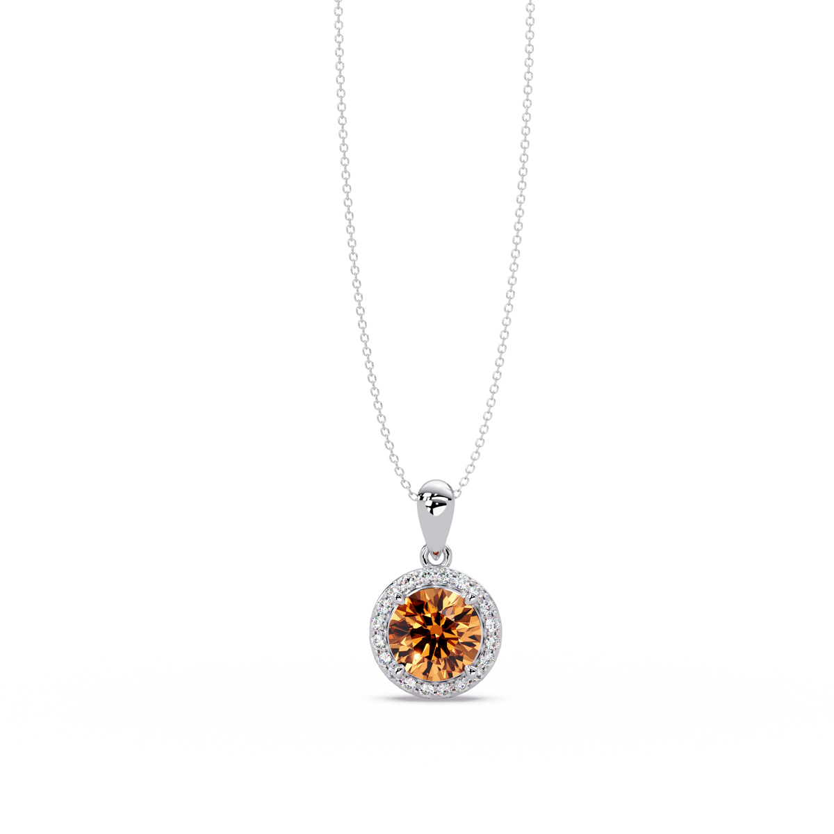 1.6 CTW Round Halo Colorstone Pendant Necklace — Champagne Topaz Amber — 14K White Gold