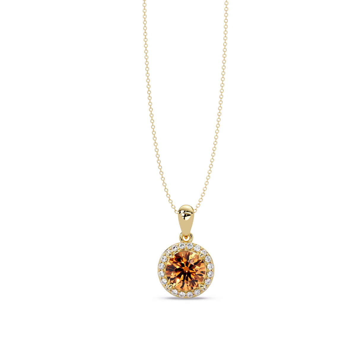 1.6 CTW Round Halo Colorstone Pendant Necklace — Champagne Topaz Amber — 14K Yellow Gold