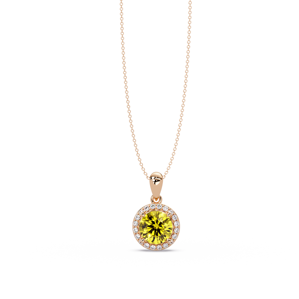 1.6 CTW Round Halo Colorstone Pendant Necklace — Citrine Lemon Yellow — 14K Rose Gold