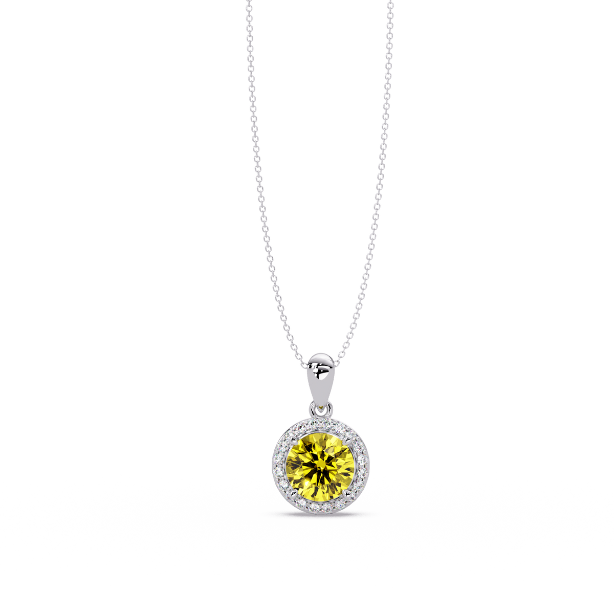 1.6 CTW Round Halo Colorstone Pendant Necklace — Citrine Lemon Yellow — 14K White Gold