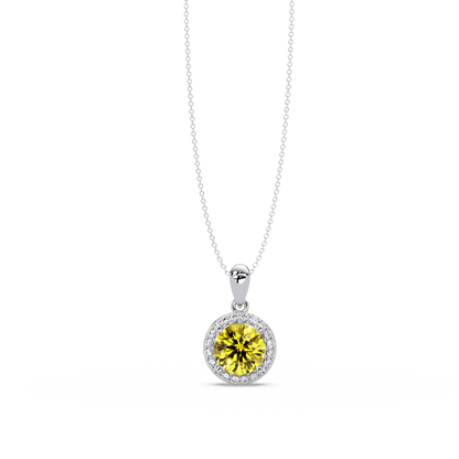 1.6 CTW Round Halo Colorstone Pendant Necklace — Citrine Lemon Yellow — 14K White Gold