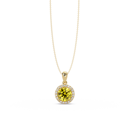 1.6 CTW Round Halo Colorstone Pendant Necklace — Citrine Lemon Yellow — 14K Yellow Gold