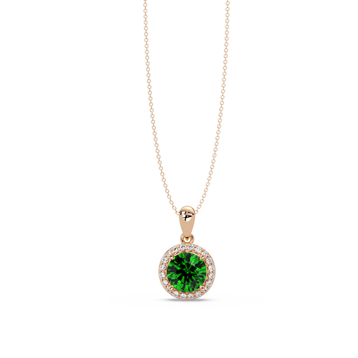 1.6 CTW Round Halo Colorstone Pendant Necklace — Emerald Deep Green — 14K Rose Gold
