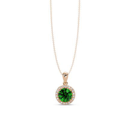 1.6 CTW Round Halo Colorstone Pendant Necklace — Emerald Deep Green — 14K Rose Gold