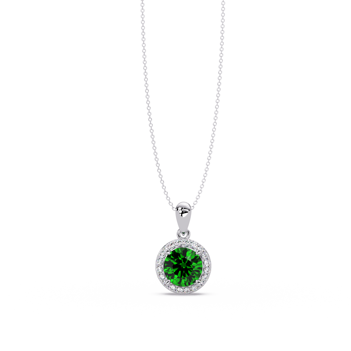 1.6 CTW Round Halo Colorstone Pendant Necklace — Emerald Deep Green — 14K White Gold