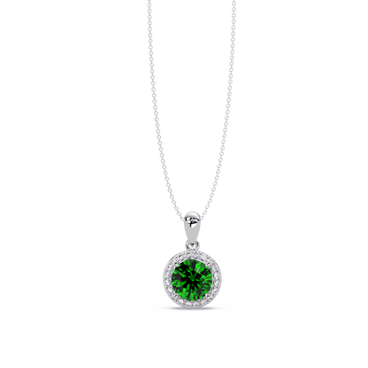 1.6 CTW Round Halo Colorstone Pendant Necklace — Emerald Deep Green — 14K White Gold