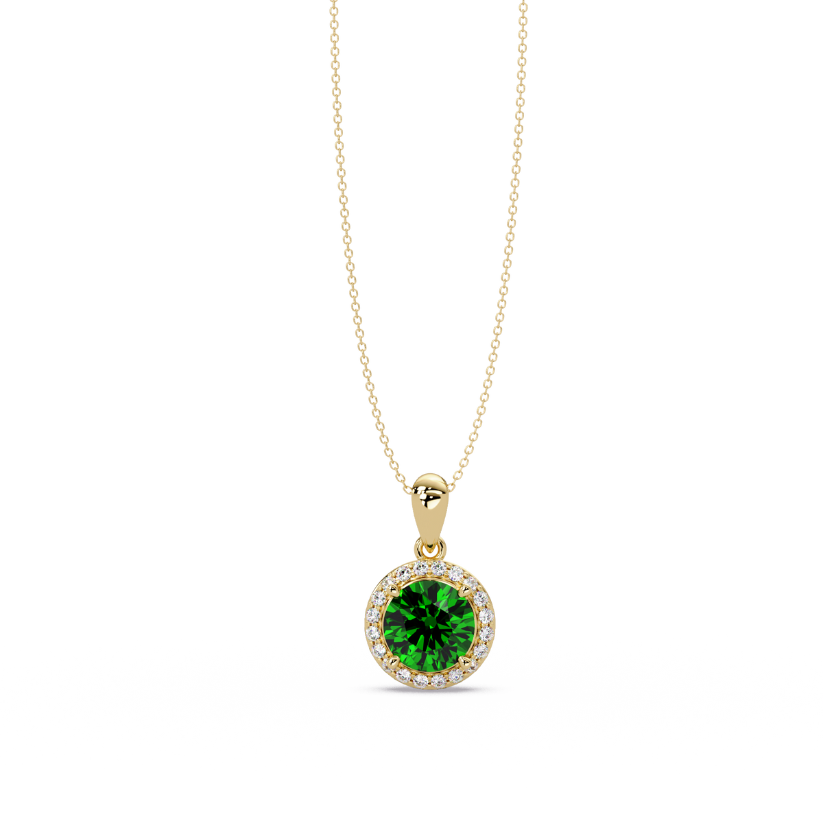 1.6 CTW Round Halo Colorstone Pendant Necklace — Emerald Deep Green — 14K Yellow Gold