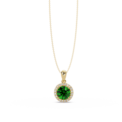 1.6 CTW Round Halo Colorstone Pendant Necklace — Emerald Deep Green — 14K Yellow Gold